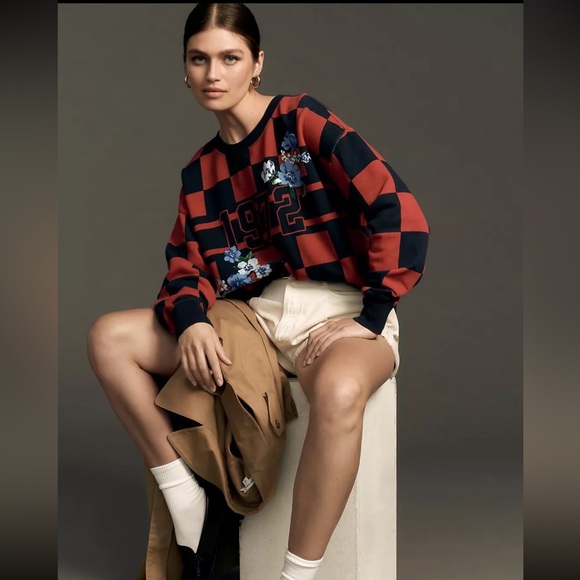 Anthropologie Maeve Large Red and Black Checkered Printed‎ Crew Sweatshirt - Picture 2 of 7